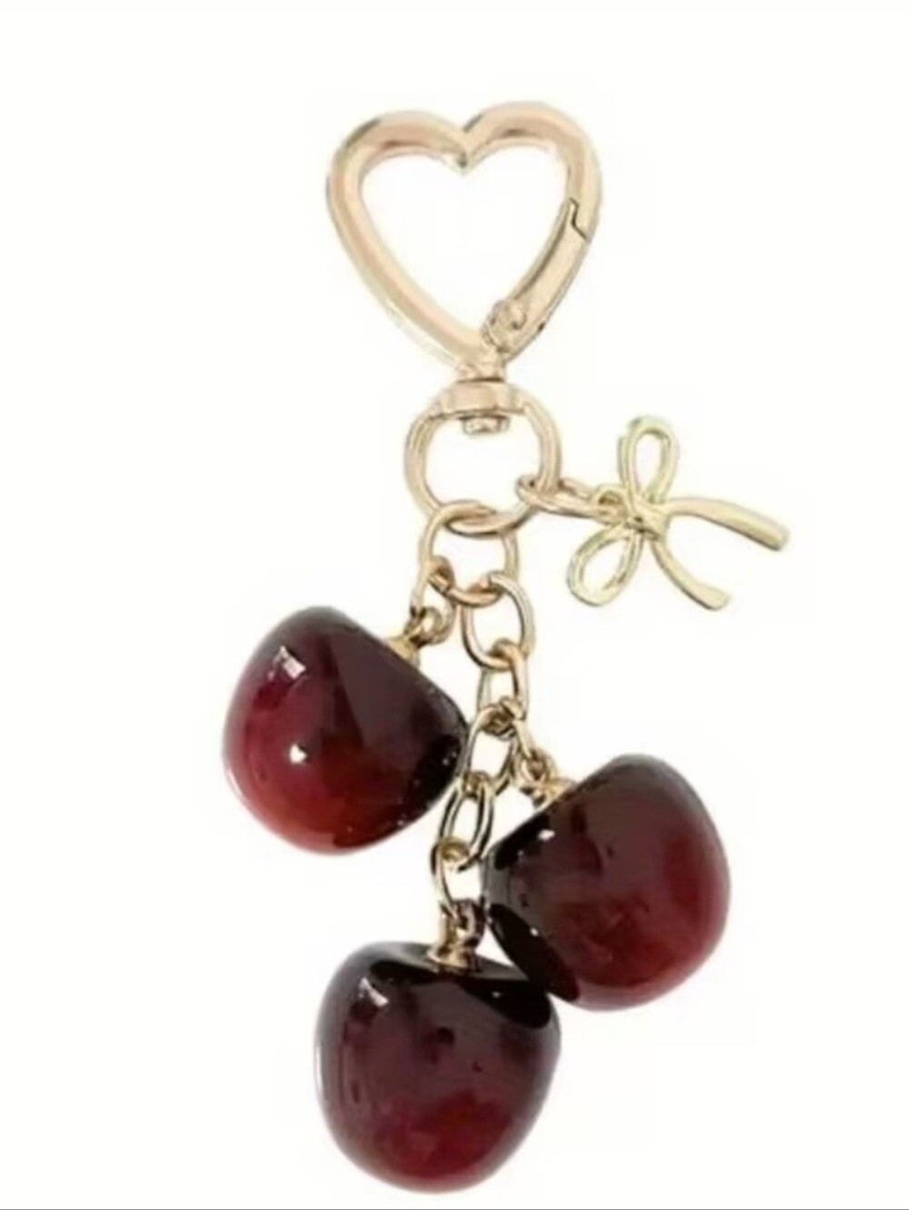 Gold-Tone Cherry Charm Keychain with Deep Red Accents Bag Charm